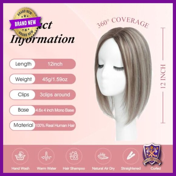 Real Human Hair Topper with Mono Base for Thinning Hair, 12 Inch main image 5